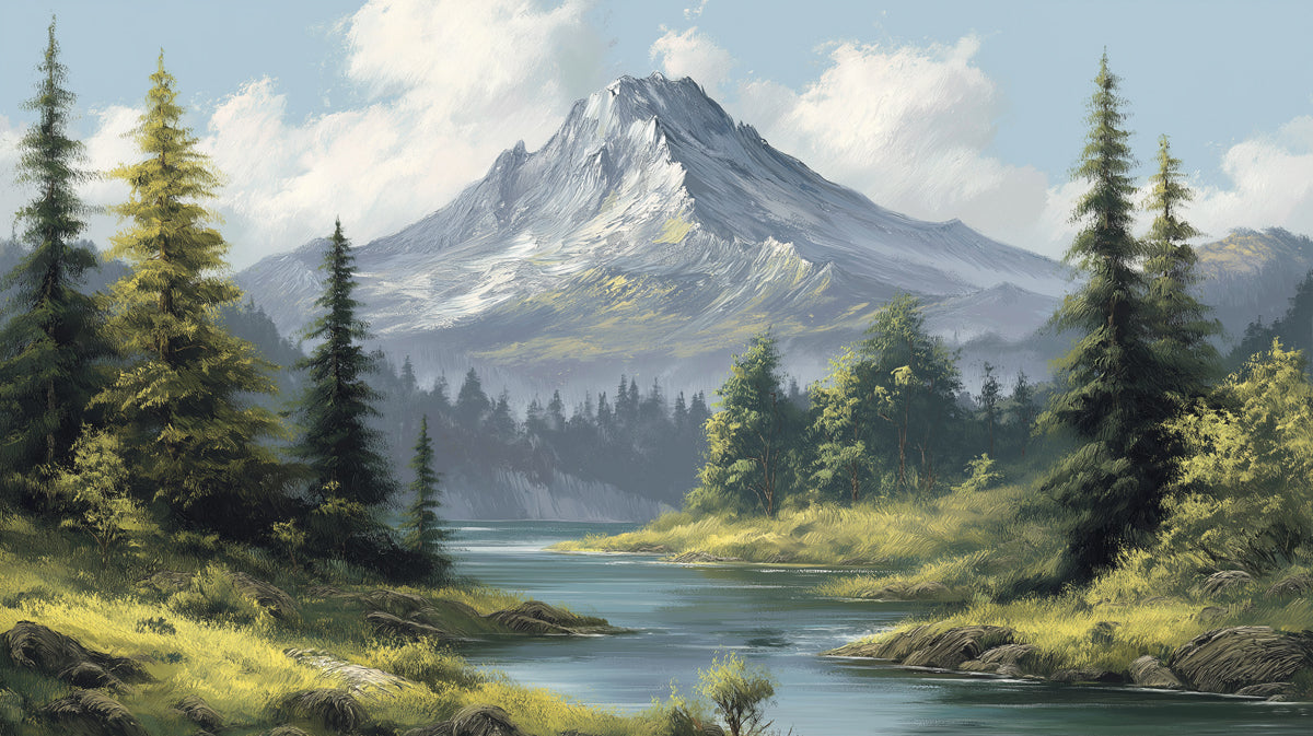 Majestic Alpine Lake Mural - Textured Mountain Vista Painting