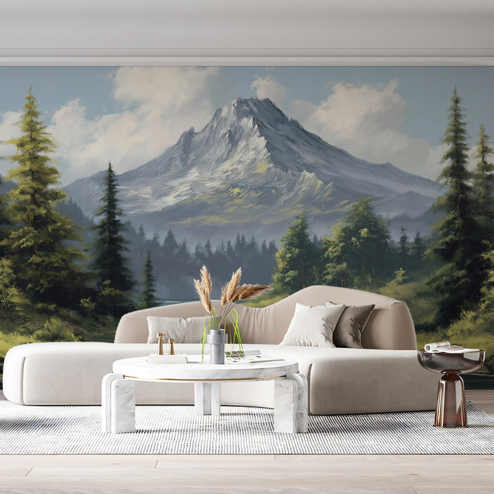 Majestic Alpine Lake Mural - Textured Mountain Vista Painting
