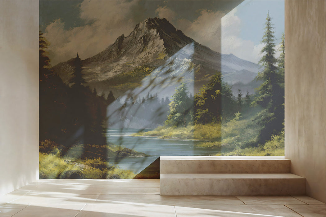 Majestic Alpine Lake Mural - Textured Mountain Vista Painting
