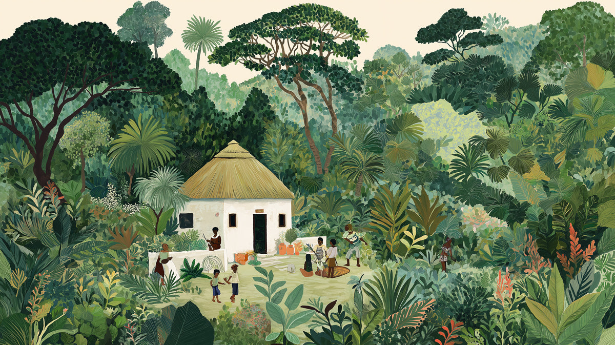 Lush African Village Life Mural - Tropical Jungle Illustration Decor