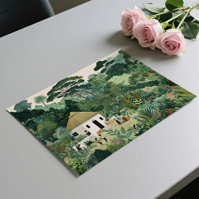 Lush African Village Life Mural - Tropical Jungle Illustration Decor