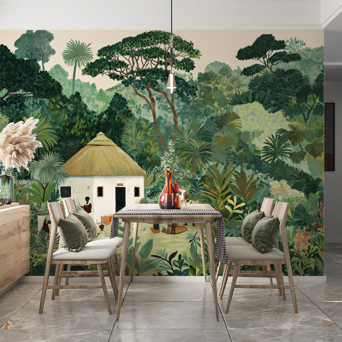 Lush African Village Life Mural - Tropical Jungle Illustration Decor