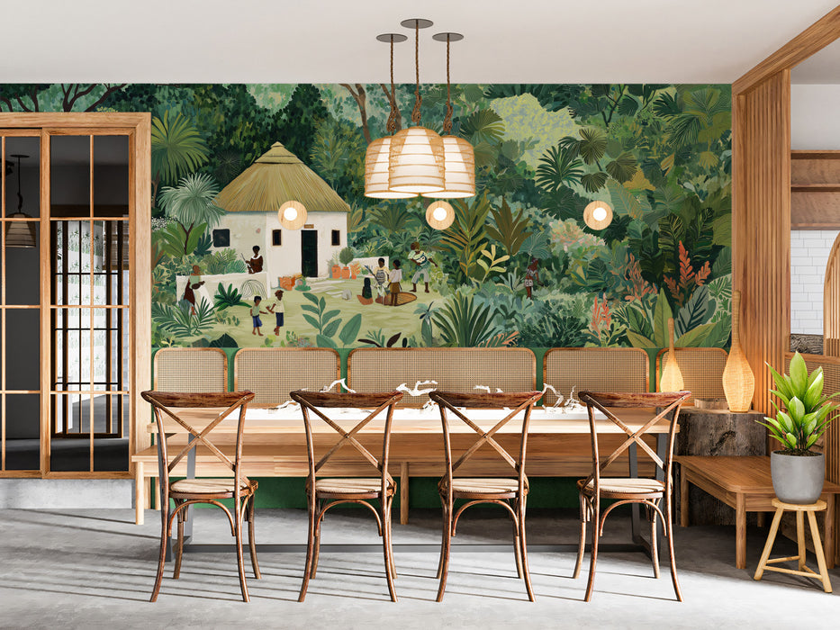 Lush African Village Life Mural - Tropical Jungle Illustration Decor