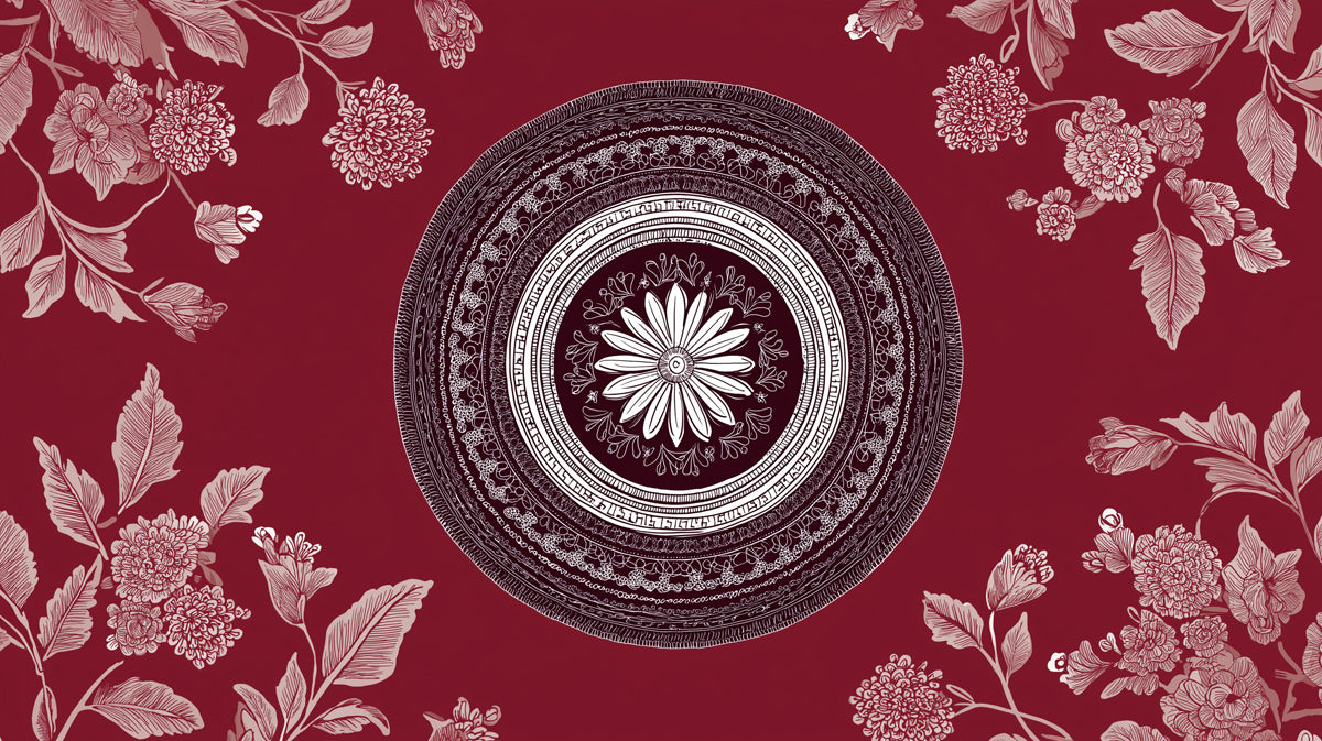 Burgundy Mandala & Chrysanthemum Mural - Traditional Ornamental Wall Art