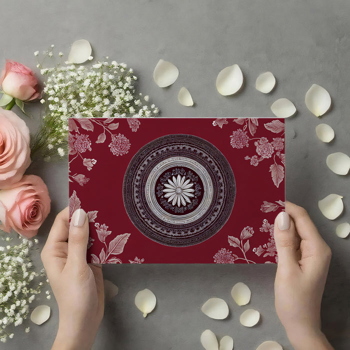 Burgundy Mandala & Chrysanthemum Mural - Traditional Ornamental Wall Art