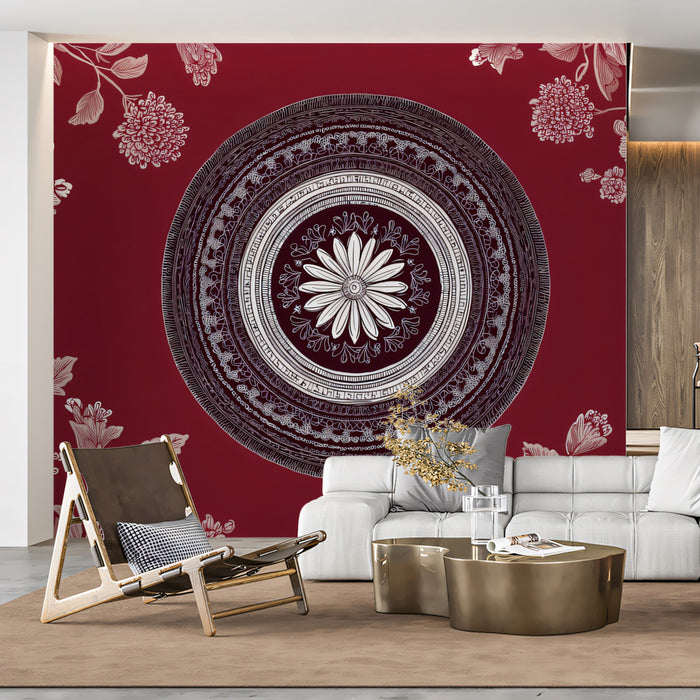Burgundy Mandala & Chrysanthemum Mural - Traditional Ornamental Wall Art