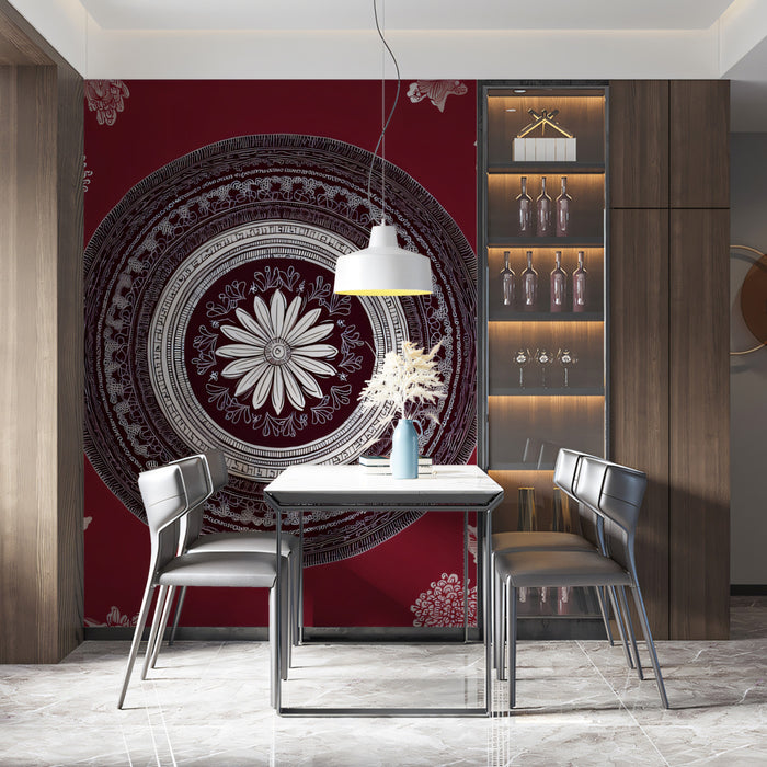 Burgundy Mandala & Chrysanthemum Mural - Traditional Ornamental Wall Art