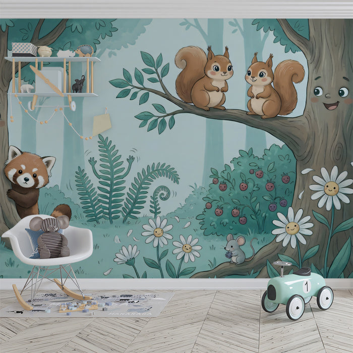 Happy Forest Friends Mural - Whimsical Woodland Animals Wall Art