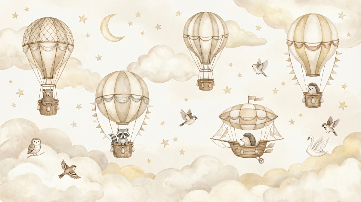 Woodland Balloon Flight Mural - Gentle Sepia Nursery Wall Decor