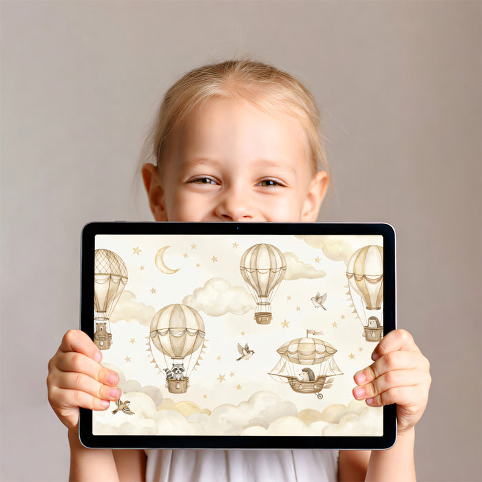 Woodland Balloon Flight Mural - Gentle Sepia Nursery Wall Decor