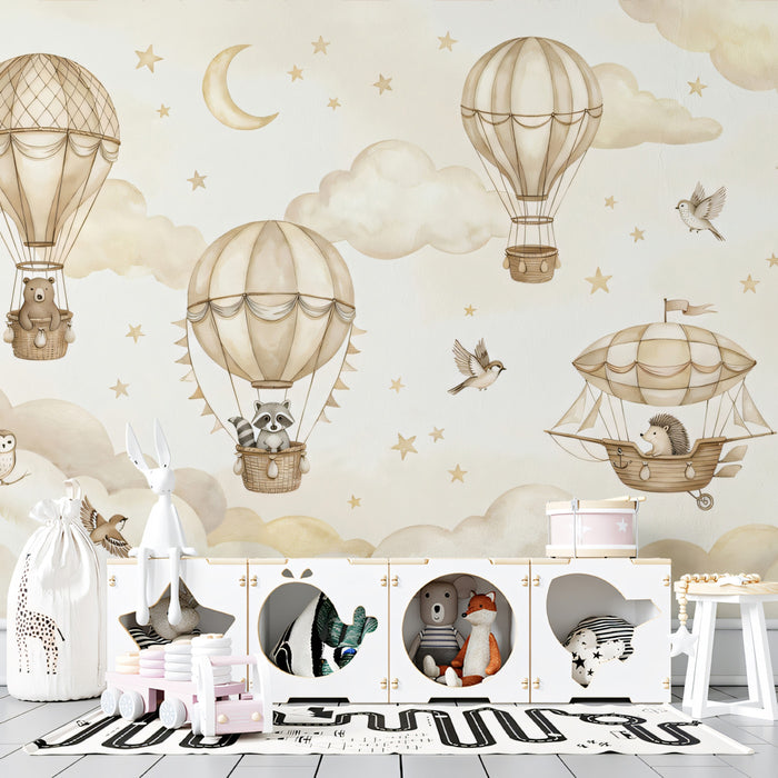 Woodland Balloon Flight Mural - Gentle Sepia Nursery Wall Decor