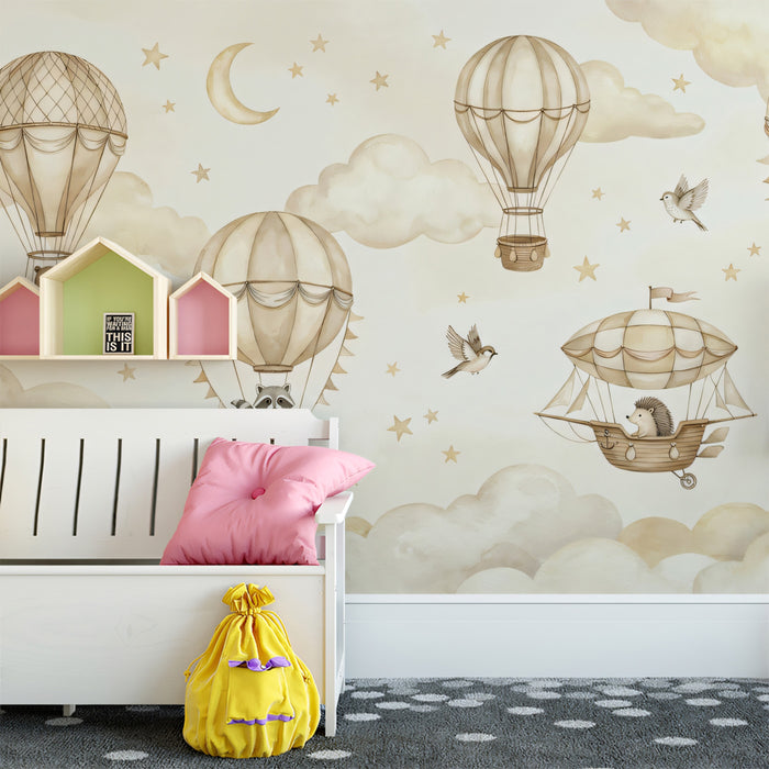 Woodland Balloon Flight Mural - Gentle Sepia Nursery Wall Decor