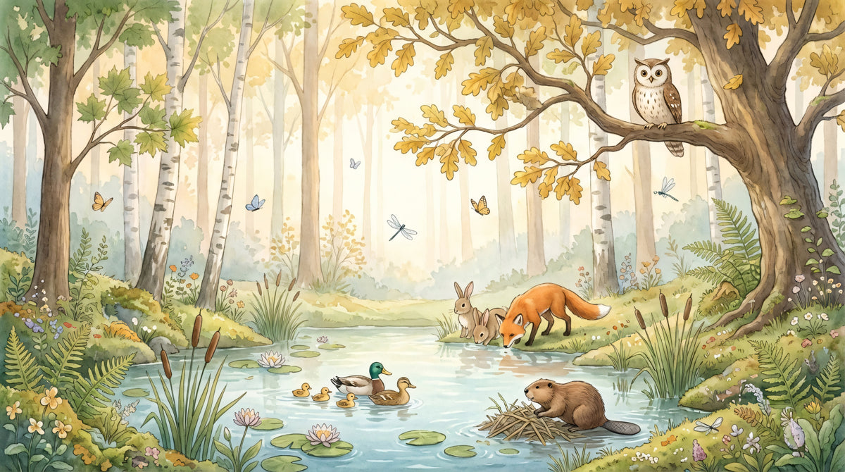 Sunny Forest Pond Mural - Vibrant Watercolor Woodland Animals