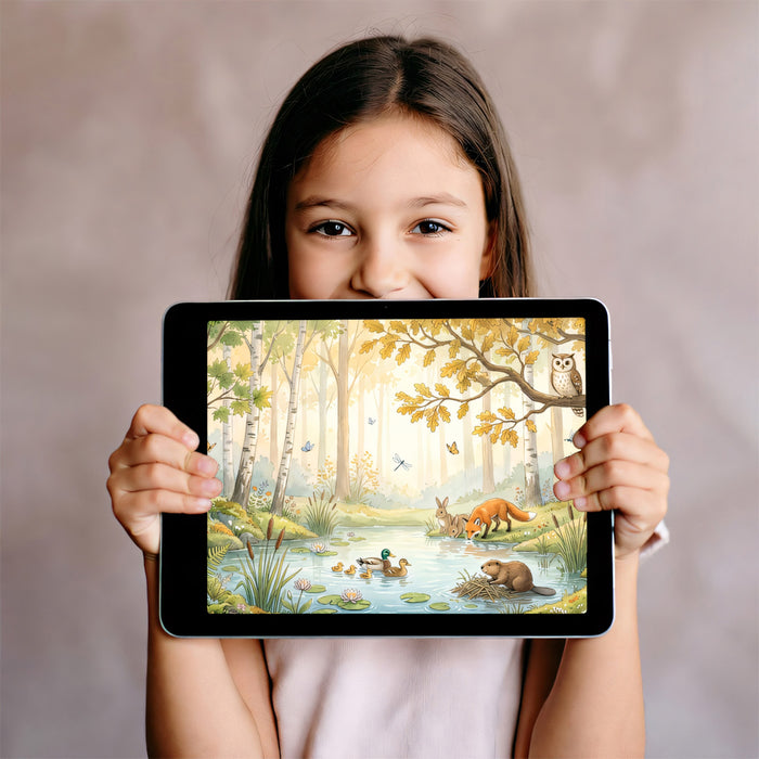 Sunny Forest Pond Mural - Vibrant Watercolor Woodland Animals