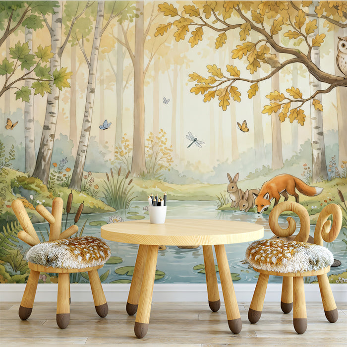 Sunny Forest Pond Mural - Vibrant Watercolor Woodland Animals