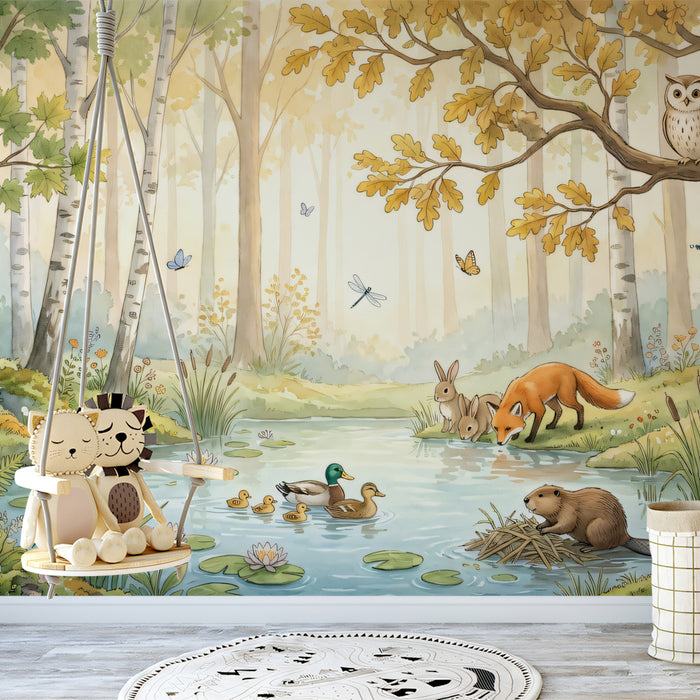 Sunny Forest Pond Mural - Vibrant Watercolor Woodland Animals