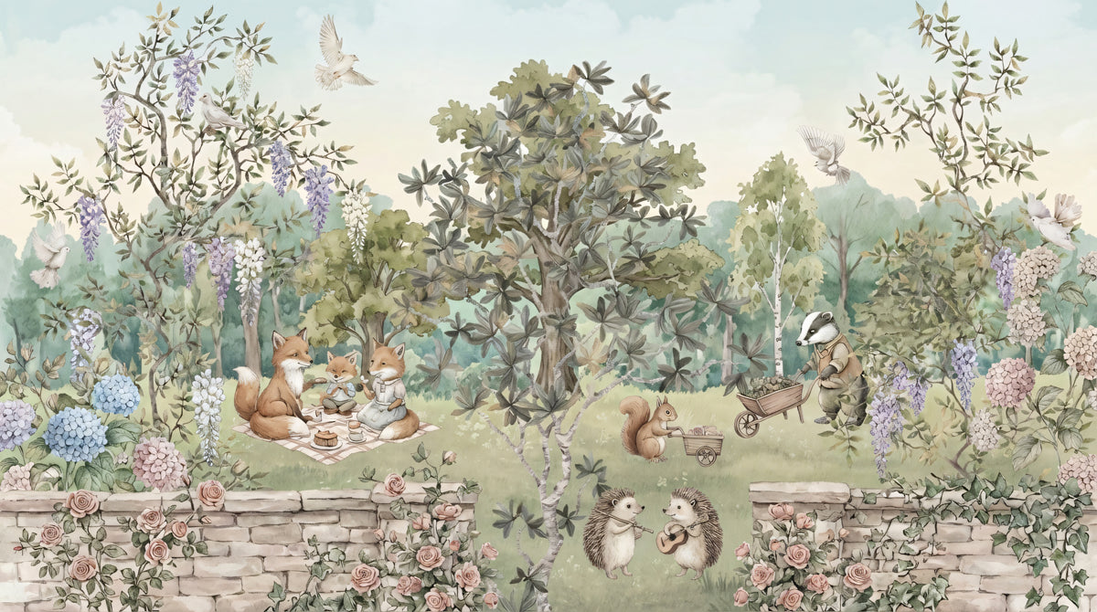 Secret Garden Picnic Mural - Classic Storybook Woodland Scene