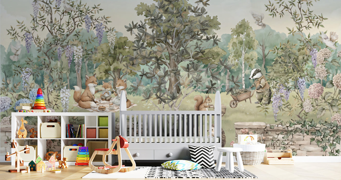 Secret Garden Picnic Mural - Classic Storybook Woodland Scene