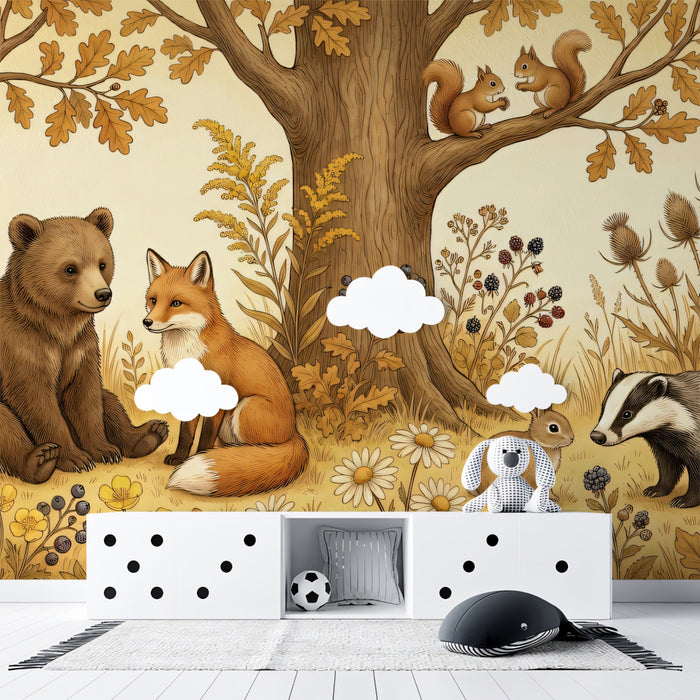 Forest Friends Meadow Mural - Classic Storybook Woodland Animals