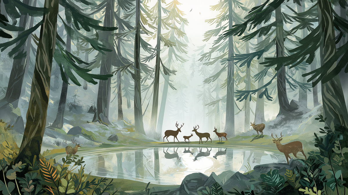 Misty Morning Deer Forest Mural - Ethereal Woodland Lake Decor