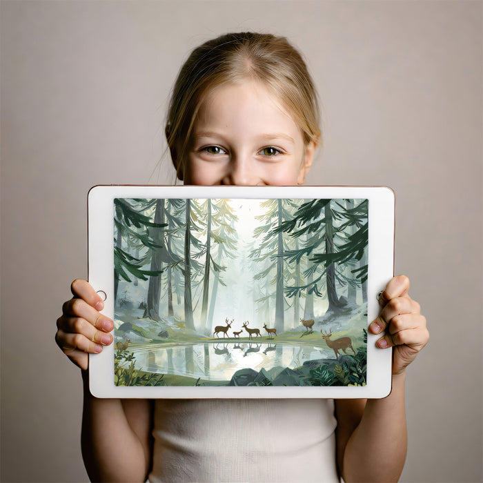 Misty Morning Deer Forest Mural - Ethereal Woodland Lake Decor