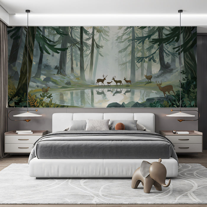 Misty Morning Deer Forest Mural - Ethereal Woodland Lake Decor