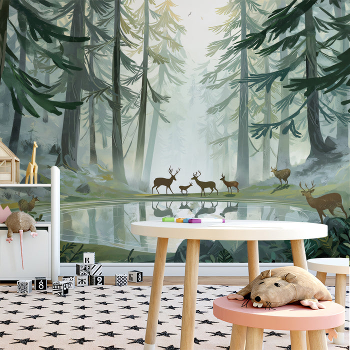 Misty Morning Deer Forest Mural - Ethereal Woodland Lake Decor