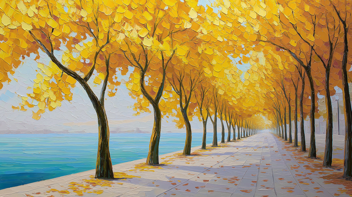 Golden Autumn Waterfront Path Mural - Vibrant Impressionist Oil Painting
