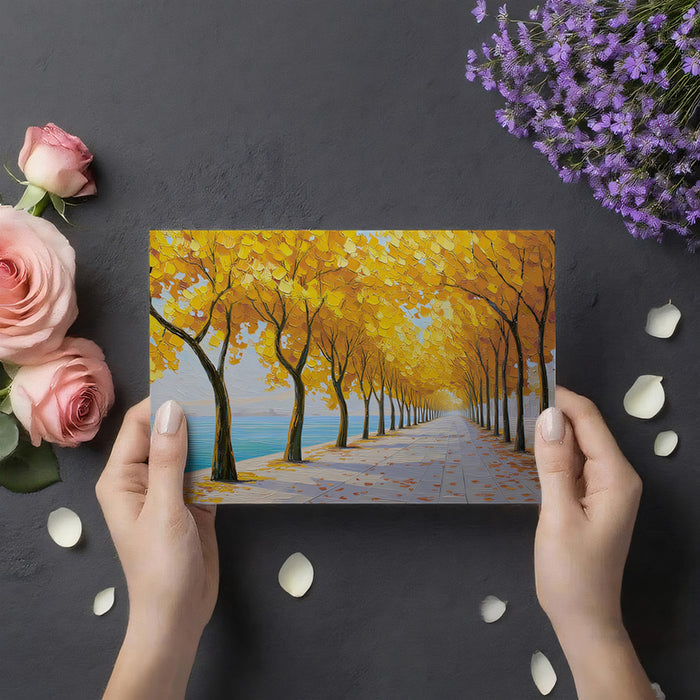 Golden Autumn Waterfront Path Mural - Vibrant Impressionist Oil Painting