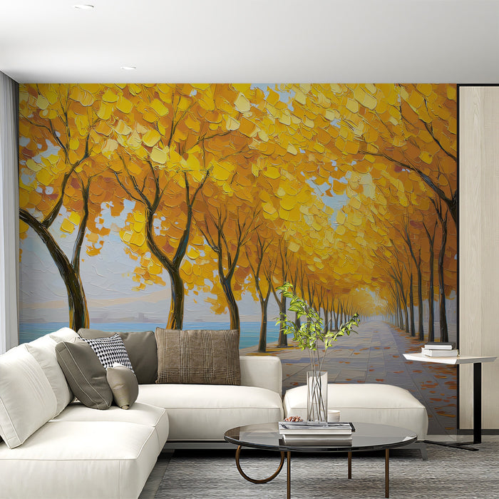 Golden Autumn Waterfront Path Mural - Vibrant Impressionist Oil Painting