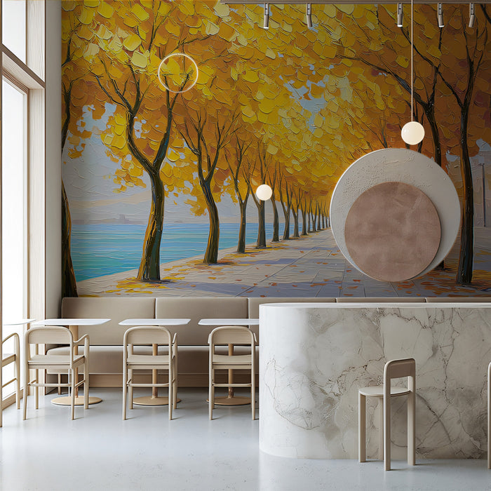 Golden Autumn Waterfront Path Mural - Vibrant Impressionist Oil Painting