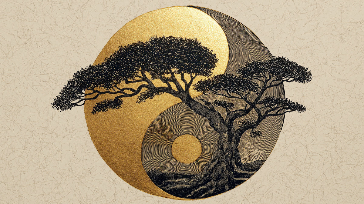 Zen Golden Yin-Yang Bonsai Mural - Traditional Oriental Art Decor