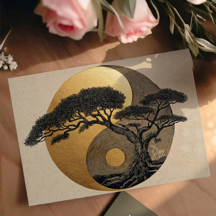 Zen Golden Yin-Yang Bonsai Mural - Traditional Oriental Art Decor