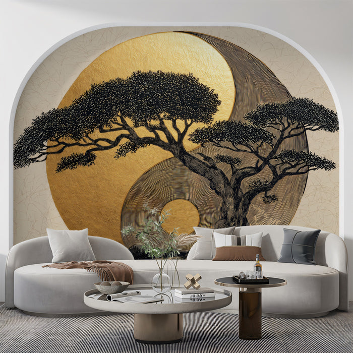 Zen Golden Yin-Yang Bonsai Mural - Traditional Oriental Art Decor