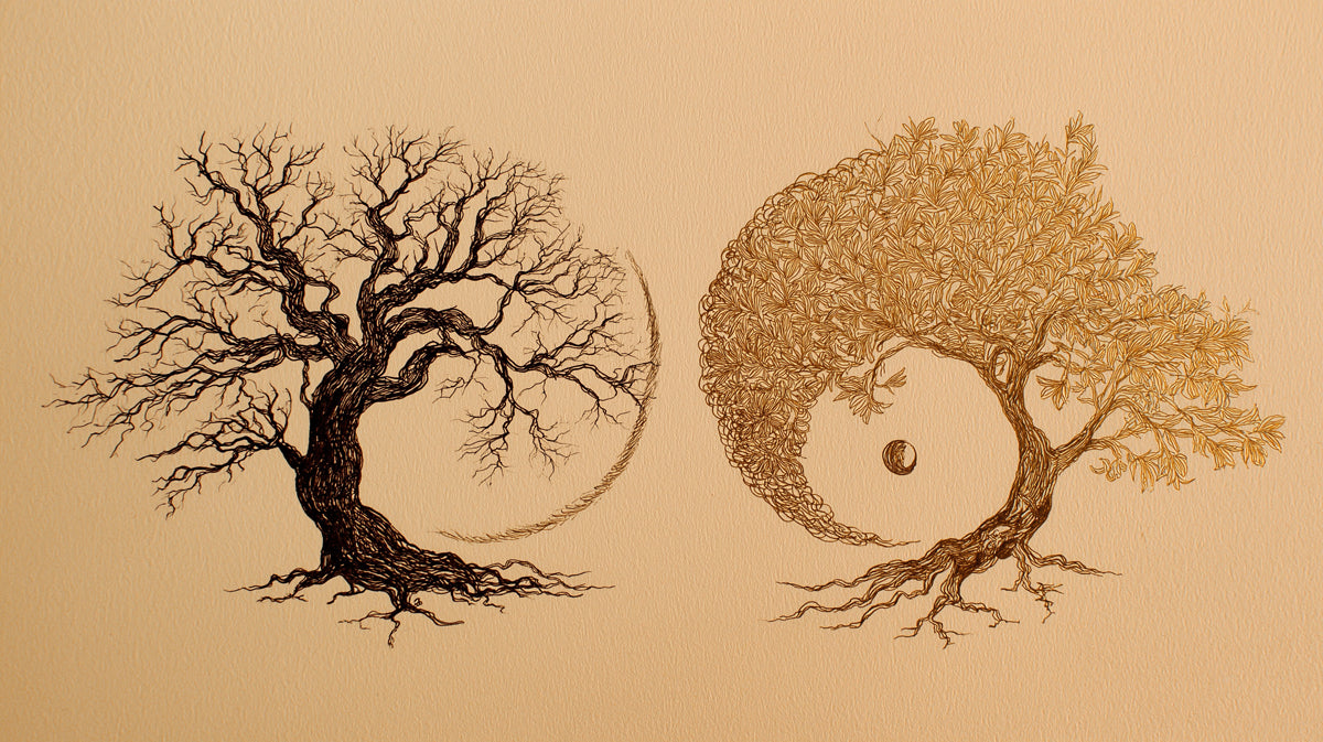 Dual Nature Yin-Yang Trees Mural - Conceptual Fine Line Art