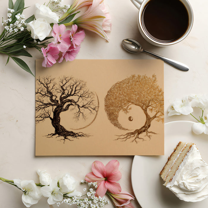 Dual Nature Yin-Yang Trees Mural - Conceptual Fine Line Art