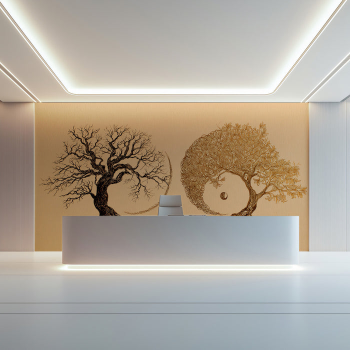 Dual Nature Yin-Yang Trees Mural - Conceptual Fine Line Art