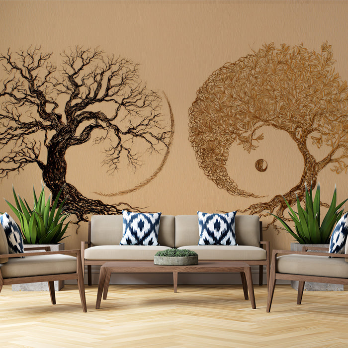 Dual Nature Yin-Yang Trees Mural - Conceptual Fine Line Art