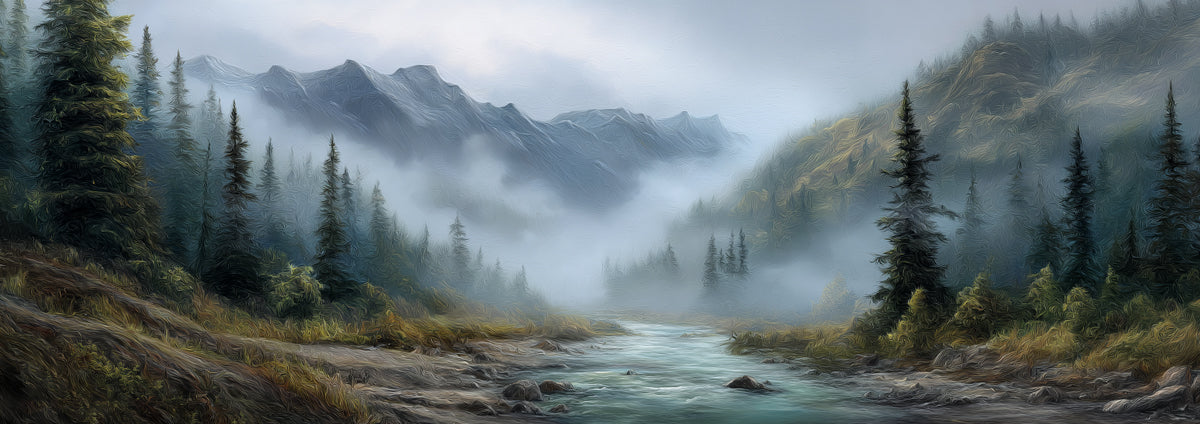 Misty Alpine Valley Mural - Dramatic Textured Mountain Landscape