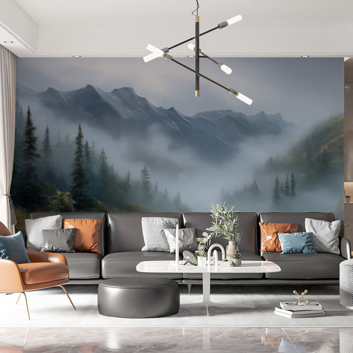 Misty Alpine Valley Mural - Dramatic Textured Mountain Landscape