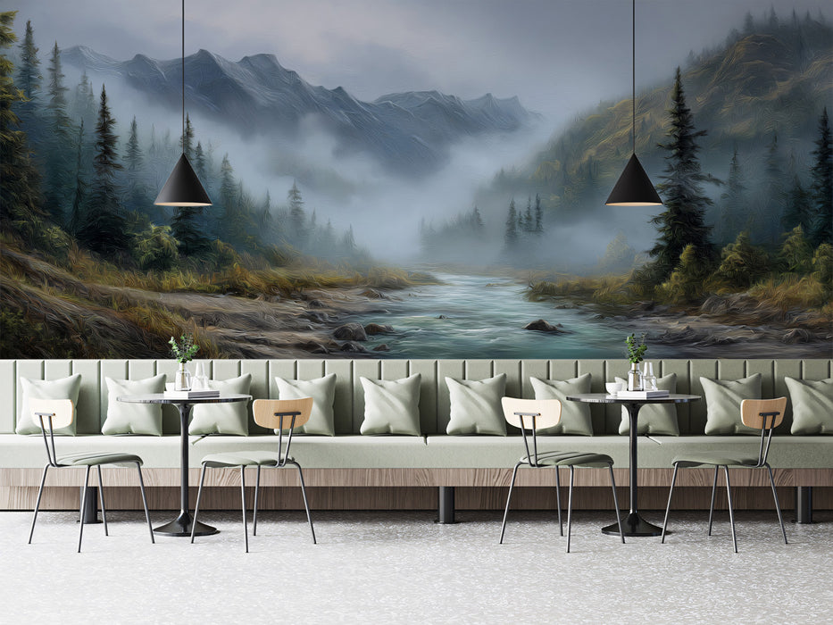 Misty Alpine Valley Mural - Dramatic Textured Mountain Landscape