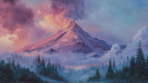 Painterly mountain landscape with purple and peach clouds over a misty forest