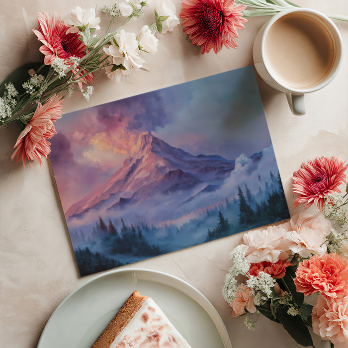 Sunset Peak & Purple Clouds Mural - Ethereal Mountain Vista Decor