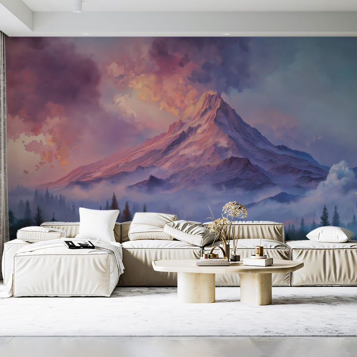 Sunset Peak & Purple Clouds Mural - Ethereal Mountain Vista Decor