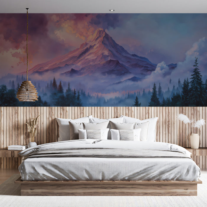 Sunset Peak & Purple Clouds Mural - Ethereal Mountain Vista Decor