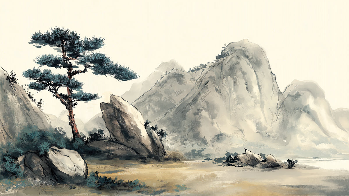 Ink Wash Pine & Granite Mural - Traditional Zen Landscape Decor