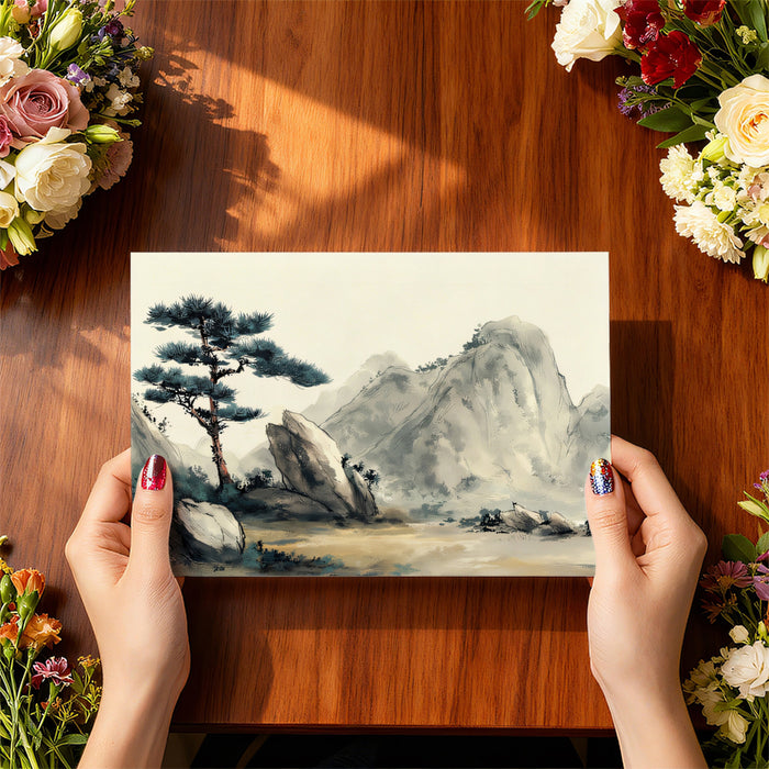 Ink Wash Pine & Granite Mural - Traditional Zen Landscape Decor