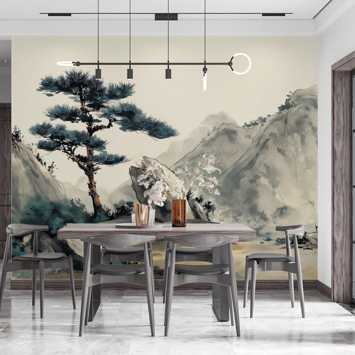 Ink Wash Pine & Granite Mural - Traditional Zen Landscape Decor