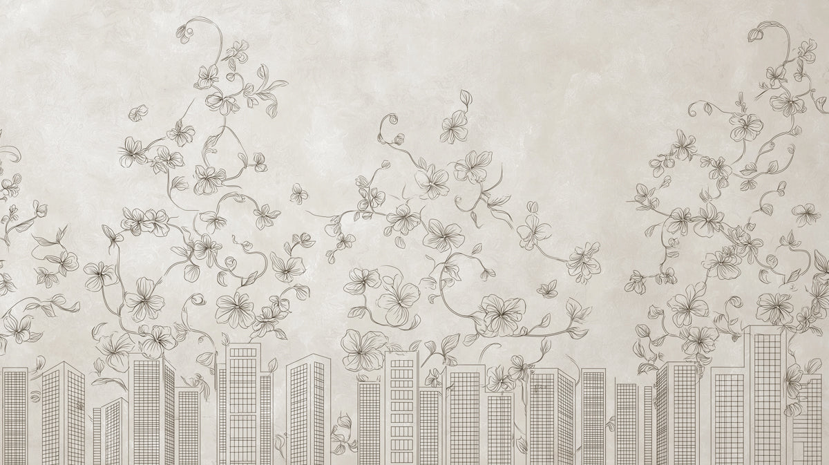 Urban Bloom Skyline Mural - Elegant Sketch Style Cityscape Decor