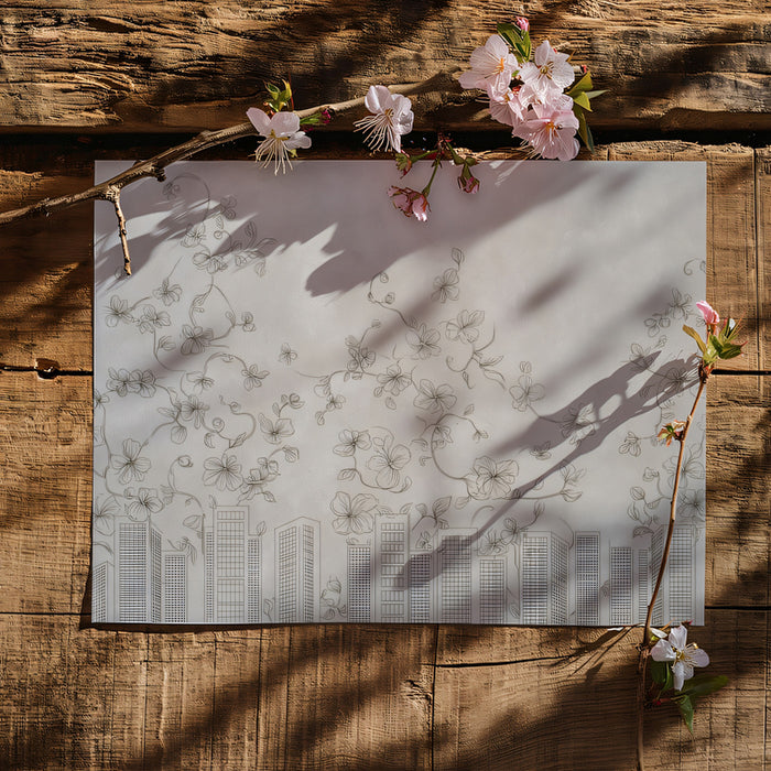 Urban Bloom Skyline Mural - Elegant Sketch Style Cityscape Decor